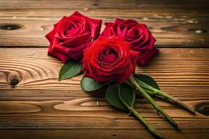 two red roses on a wooden table. AI-Generated photo