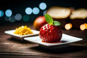 a strawberry on a plate with a bowl of food. AI-Generated photo