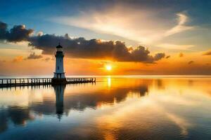 un faro soportes en el agua a puesta de sol. generado por ai foto