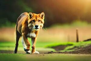 a red wolf walking across a field. AI-Generated photo