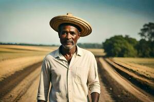 a man wearing a hat stands in the middle of a dirt road. AI-Generated photo