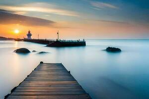 a pier with a lighthouse at sunset. AI-Generated photo
