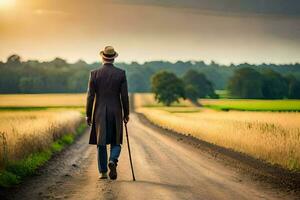 a man in a suit walks down a dirt road. AI-Generated photo