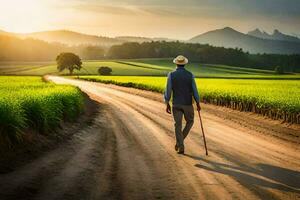 a man walking down a dirt road in a rice field. AI-Generated photo