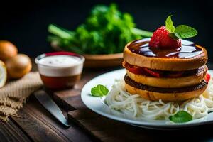 a hamburger with a strawberry on top and noodles. AI-Generated photo
