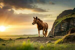 a horse is walking on the grass at sunset. AI-Generated photo