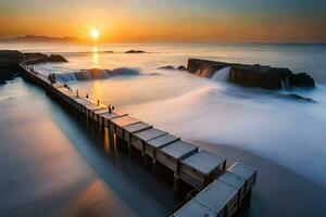 a pier with waves crashing into it at sunset. AI-Generated photo