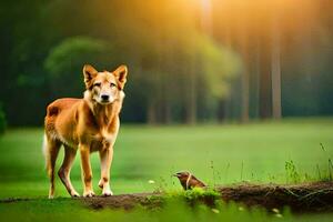 a dog and a squirrel in the forest. AI-Generated photo