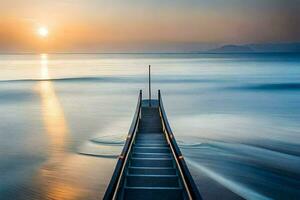 a long exposure photograph of a pier at sunset. AI-Generated photo