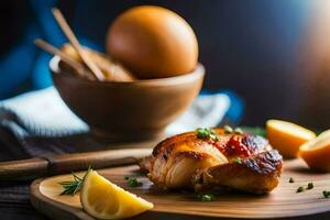 a chicken on a cutting board with lemon slices and a bowl of eggs. AI-Generated photo