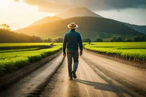 a man walking down a dirt road in the middle of a field. AI-Generated photo