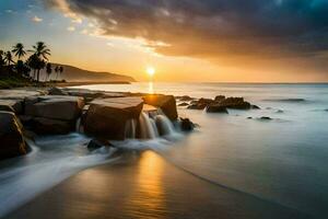 the sun sets over the ocean in this long exposure photograph. AI-Generated photo