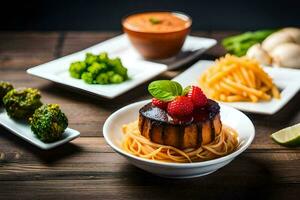 a table with pasta, vegetables and other foods. AI-Generated photo