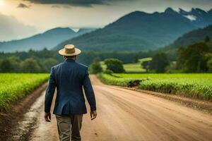 a man in a suit and hat walks down a dirt road. AI-Generated photo