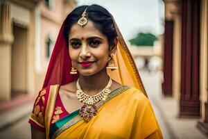 a beautiful indian woman in a yellow sari. AI-Generated photo