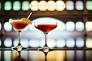 two cocktails sit on a bar with a window in the background. AI-Generated photo
