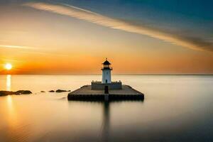 un faro se sienta en el agua a puesta de sol. generado por ai foto