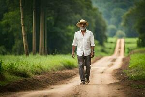 un más viejo hombre en un blanco camisa y sombrero caminando abajo un suciedad la carretera. generado por ai foto