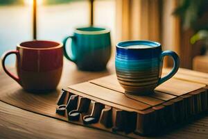 colorful coffee cups on a wooden tray. AI-Generated photo