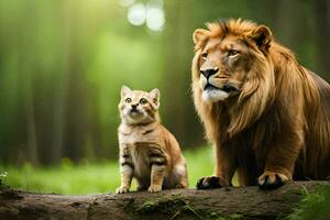 un león y un gato son sentado en un registro. generado por ai foto