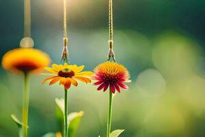 two colorful flowers hanging from a string. AI-Generated photo