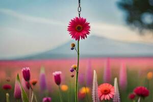 rosado flores en un campo con un montaña en el antecedentes. generado por ai foto