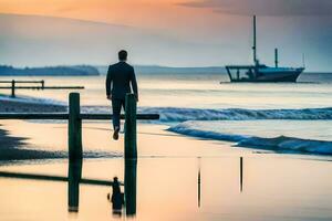 un hombre en pie en un muelle a puesta de sol. generado por ai foto