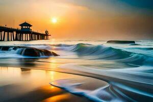 el Dom sube terminado el Oceano y muelle a puesta de sol. generado por ai foto