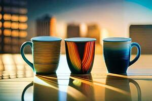 Tres vistoso café tazas en un mesa con ciudad luces en el antecedentes. generado por ai foto