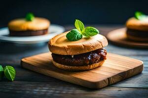 a hamburger on a wooden cutting board. AI-Generated photo