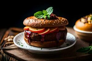 un hamburguesa con manzanas y balsámico salsa. generado por ai foto