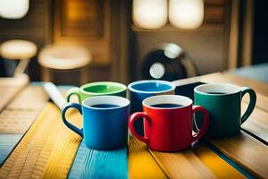 five colorful coffee cups on a wooden table. AI-Generated photo