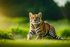 a tiger walking through the grass. AI-Generated photo