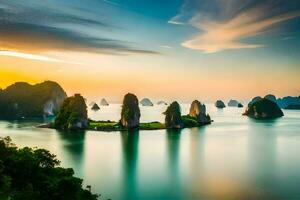 el amanecer terminado el mar y islas en Vietnam. generado por ai foto