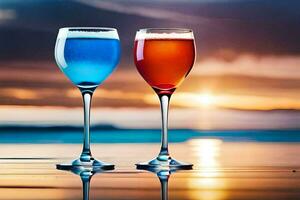 two glasses of wine on the beach at sunset. AI-Generated photo