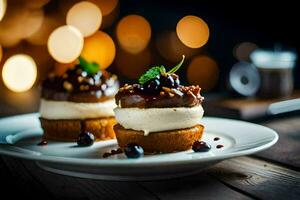 dos postres en un plato con un vaso de vino. generado por ai foto