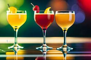 three glasses of different colored drinks on a table. AI-Generated photo