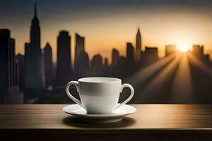 coffee cup on the table with cityscape in the background. AI-Generated photo