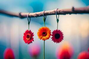 three colorful flowers hanging from a branch. AI-Generated photo