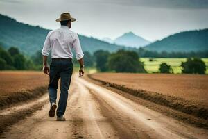 a man in a hat walks down a dirt road. AI-Generated photo