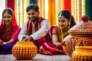 a couple and their friends are sitting around a colorful pot. AI-Generated photo