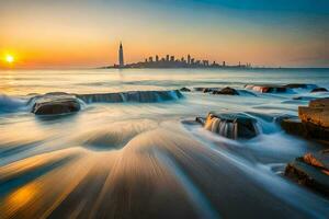 the city skyline is seen in the background as waves crash into rocks. AI-Generated photo