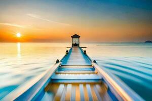 a long pier with a boat in the water at sunset. AI-Generated photo