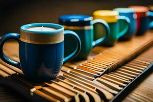 a row of colorful coffee cups on a wooden table. AI-Generated photo