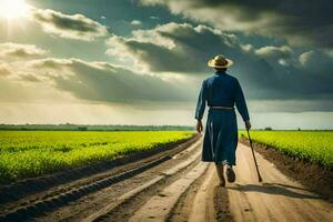 un hombre en un sombrero y azul vestir caminando abajo un suciedad la carretera. generado por ai foto