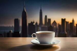 coffee cup on the table with cityscape in the background. AI-Generated photo