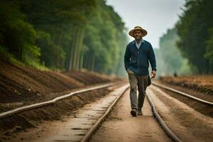 a man in a hat walks along a train track. AI-Generated photo