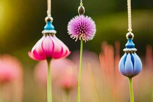 three colorful flowers hanging from a string. AI-Generated photo