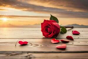 a single red rose on a wooden table with hearts scattered around it. AI-Generated photo