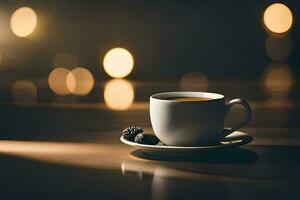 a cup of coffee on a table with a bokeh effect. AI-Generated photo